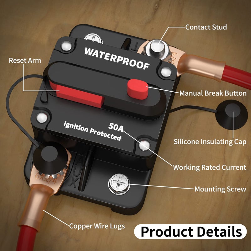 DAIERTEK 50 Amp Circuit Breaker, Waterproof Marine Circuit Breaker 12V 24V 48V Resettable Inline Fuse Switch, 12 Volt 50A Breaker for Boat Trolling Motor Car Automotive -2Pack - Image 4